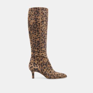 Aldy Wide Calf Boots Brown Leopard Printed Suede