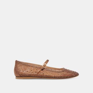 Reyes Crystal Ballet Flats Mid Brown Mesh